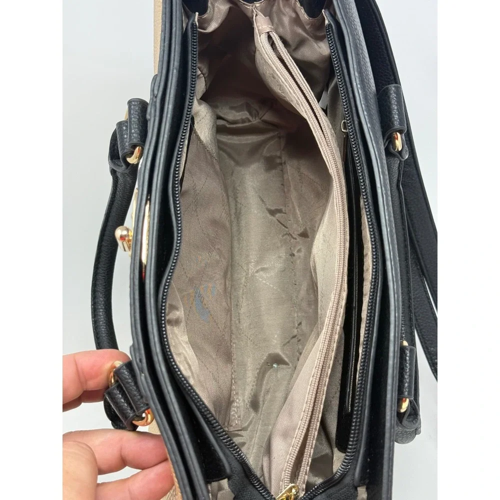 Dasein Floral Butterfly Satchel Handbag 3 Piece Set Black Gold Metallic Vegan
